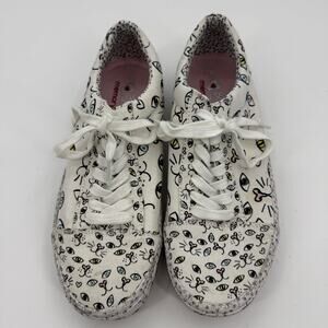 BOBS Cat Face Print Low Top Lace Up Sneaker Size 8.5 Women Black White Shoe